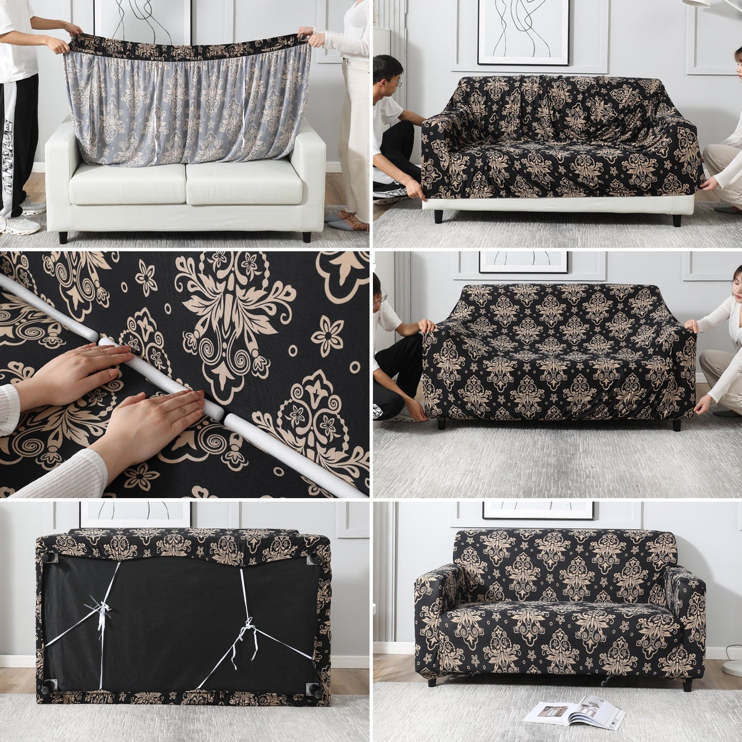 Exclusive Stretchable Sofa Cover - Black Damask